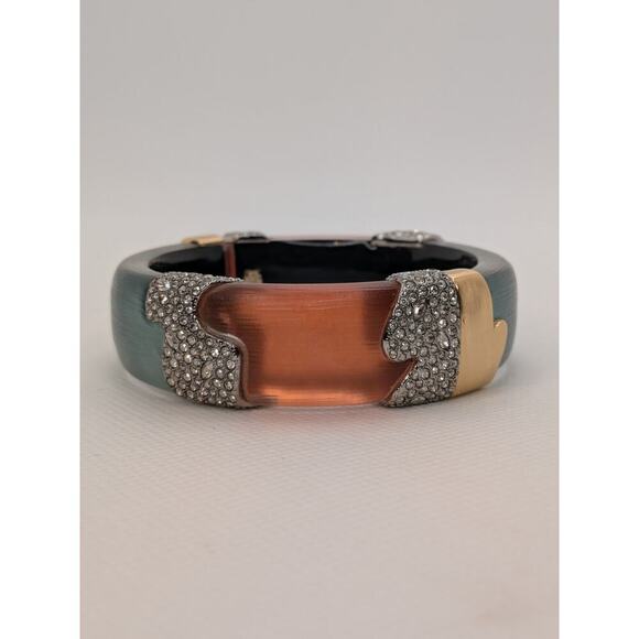 Alexis Bittar Blue and Orange Lucite Hinged Bracelet Goldtone and Crystals 7.5” - Picture 1 of 7
